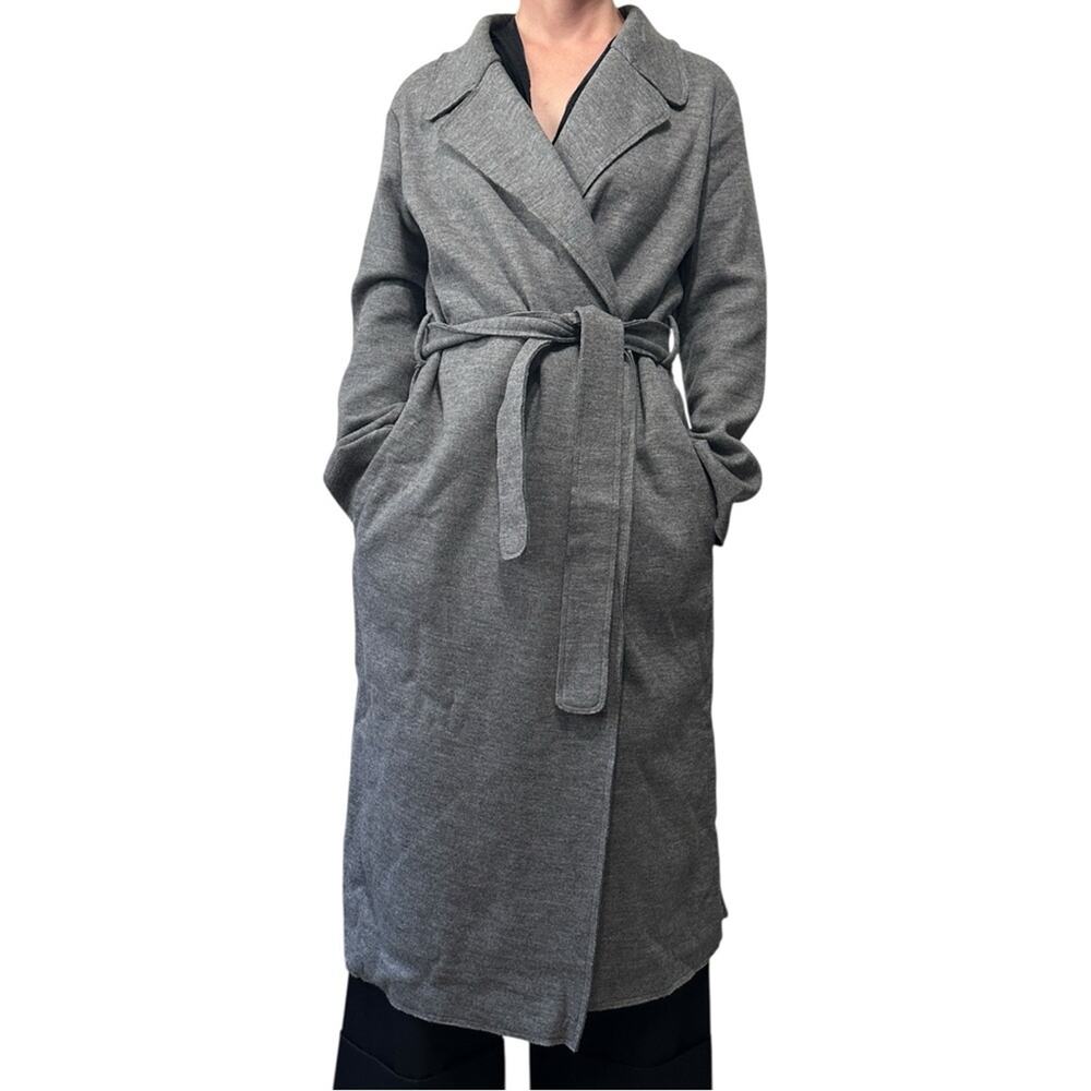authentic The Row Grey Wool Trench Coat size Small Wrap Sash Tie Midi Rough Cut